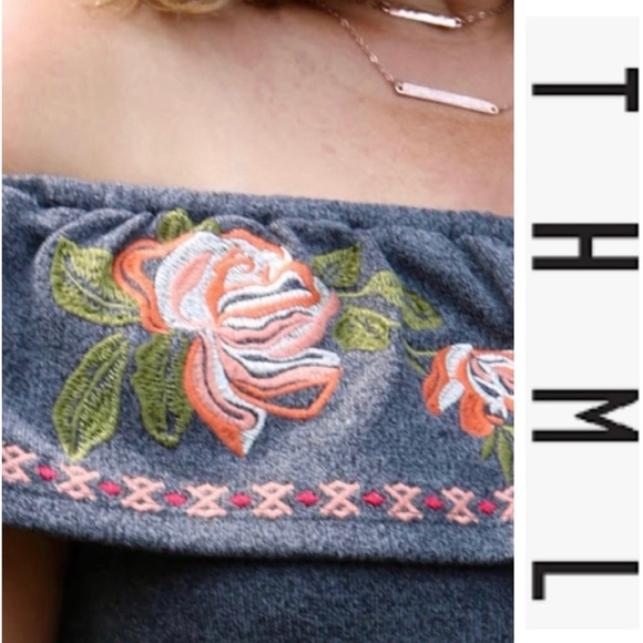 Knit Floral Embroidery Off Shoulder Sleeveless Gray Top - Picture 1 of 10